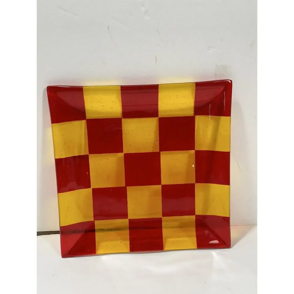 Art‎ glass Plate Chess checked Red & Yellow 10” Square Dish